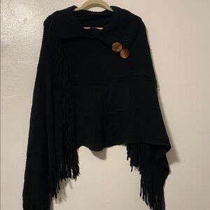 Cute Black Poncho with Fringe One Size Fits Most no sleeves